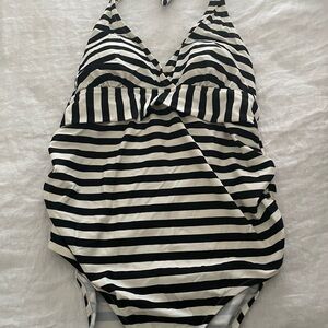 Chic Maternity Black and White Striped Swimsuit